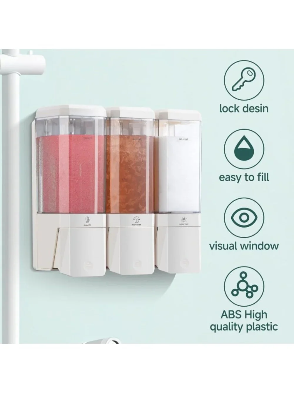 Wall-Mounted 3-Chamber Shampoo & Conditioner Dispenser - No Drill, Refillable